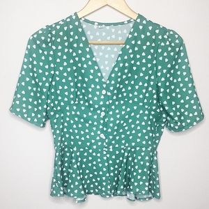 White Hearts Button-Up Crop Blouse